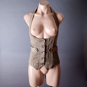 Olive Green Lace Up Back Waistcoat Corset Steampunk Gothic Halter Vest Top SML